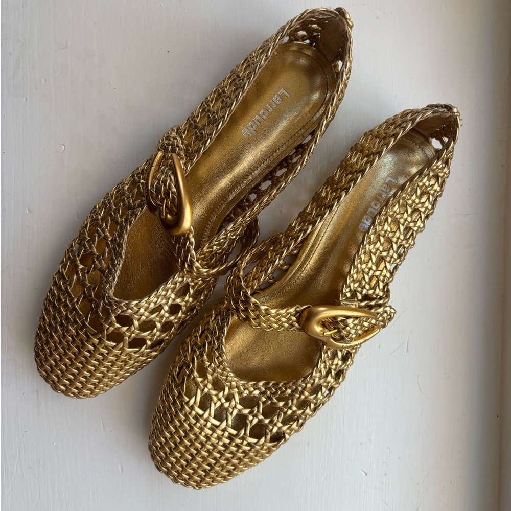 Larroude Gold Woven Flats